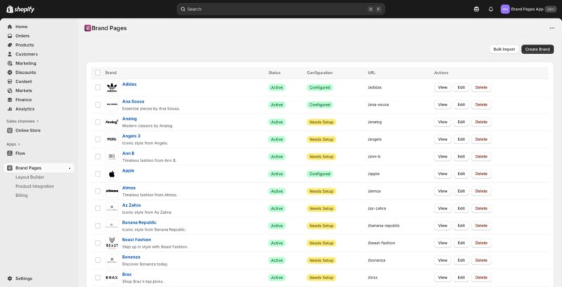 Brand Pages list showing all available brands with status, configuration, and URL information