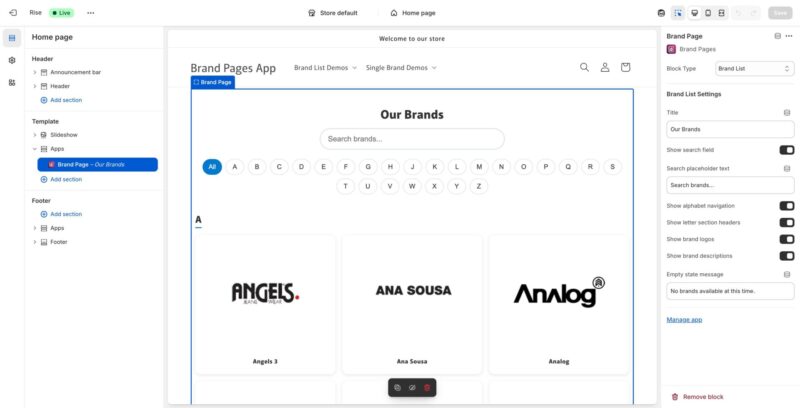 Shopify theme editor showing Brand Page block selected in the left sidebar with Brand List Settings panel on the right