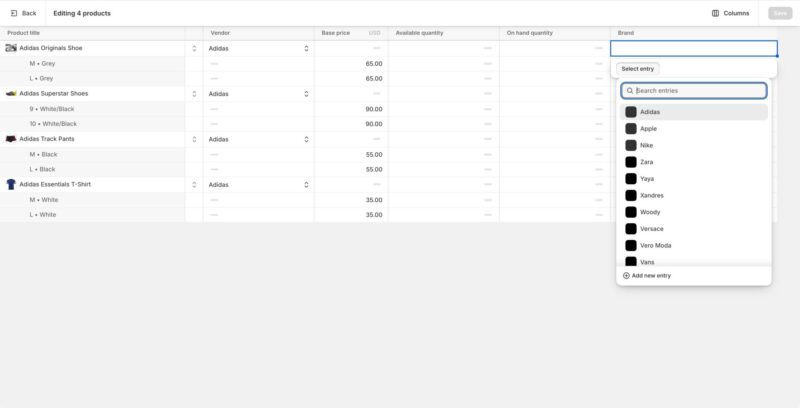 Editing multiple products page showing a table with Product title, Vendor, Base price, and Brand columns with dropdown open