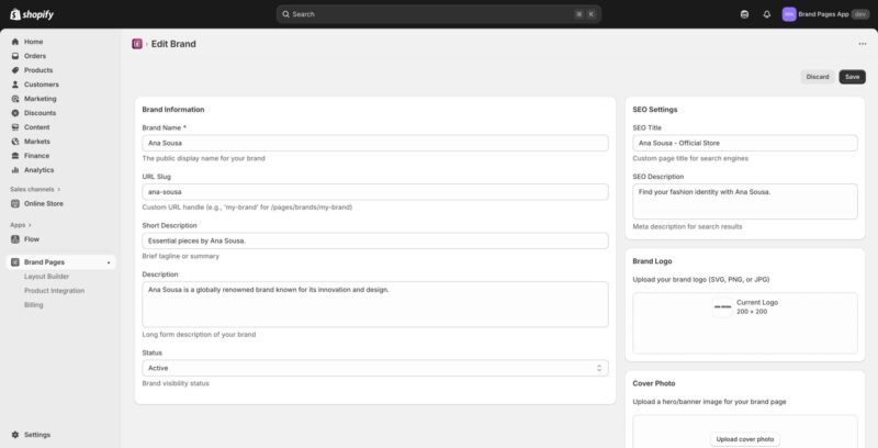 Edit Brand page showing brand information form with fields for name, URL slug, description, SEO settings, logo, and cover photo