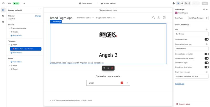 Shopify theme editor showing Brand Page block selected with Brand Page Template settings in the right sidebar