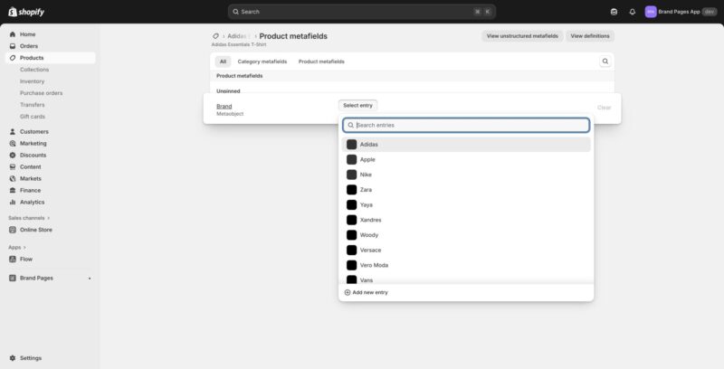 Brand selector dropdown showing search bar and list of available brands.